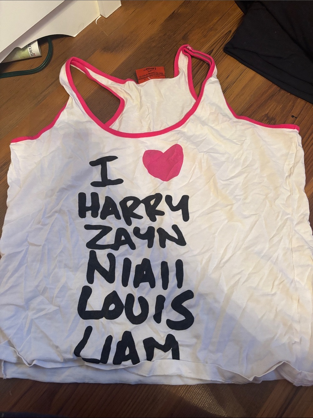 1D White Tank Top with Pink Trim and Heart Graphic